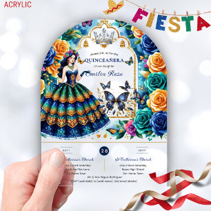 Fiesta Floral Butterflies QUINCEANERA Blue Gold Acrylic Invitations