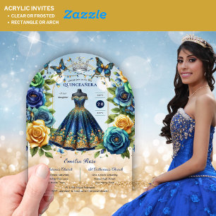 Fiesta Floral Butterflies QUINCEANERA Blue Gold Acrylic Invitations