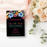 Fiesta Flowers Black Floral Quinceanera Save The Date<br><div class="desc">Quinceanera Save the Date Card with fiesta flowers in watercolor. This black card has an abundance of colourful flowers, elegant script and modern typography. A beautiful floral design including peony, rose, fuchsia, lily and greenery in shades of pink, purple, orange, yellow, green and blue. The template is set up ready...</div>