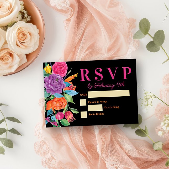 Fiesta Flowers Black Watercolor Floral RSVP Card (RSVP card from my Fiesta Flowers Quinceanera Collection)