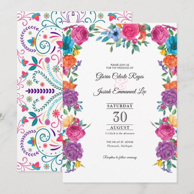 Fiesta Flowers & Mexican Embroidery Style Wedding Invitation (Front/Back)