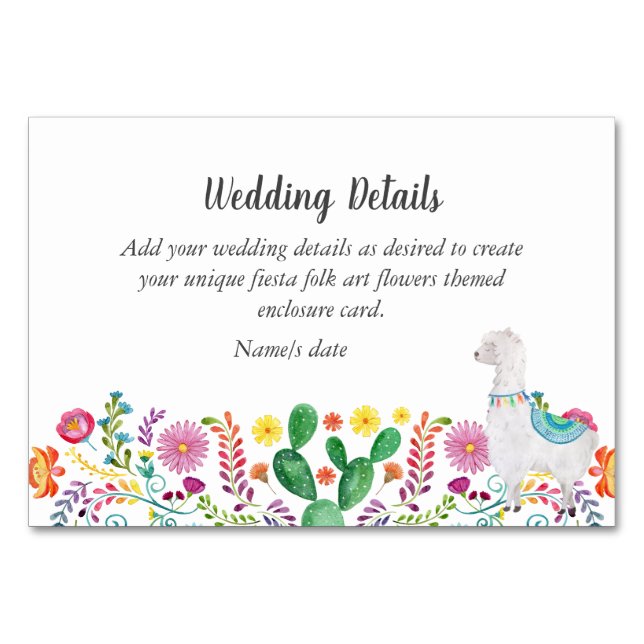 Fiesta Folk Art Floral Llama Wedding Customisable Table Number (Front)