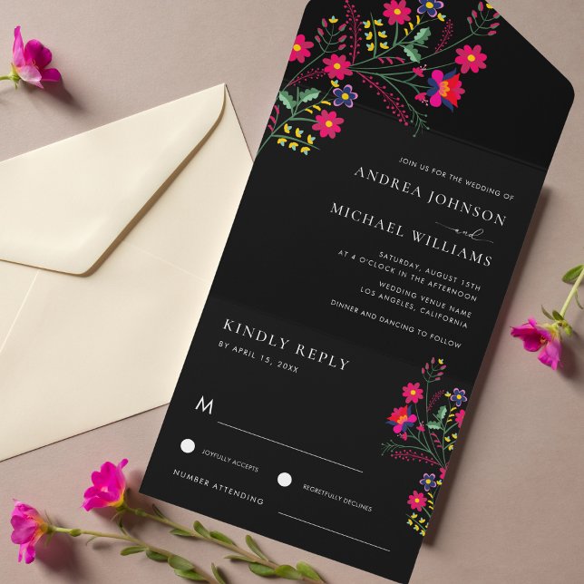 Fiesta Folk Mexican Flowers Colourful RSVP Wedding All In One Invitation (Creator Uploaded)