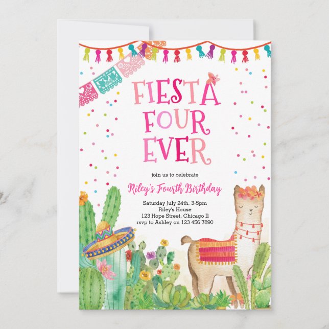 Fiesta Four Ever Girl Fourth Birthday Invitation (Front)