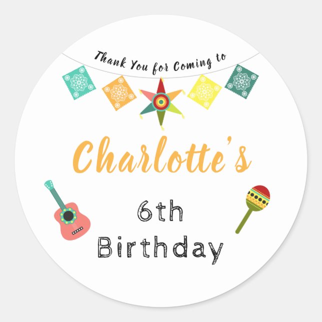 Fiesta Fun Colourful Kids Birthday Party Thank You Classic Round Sticker (Front)