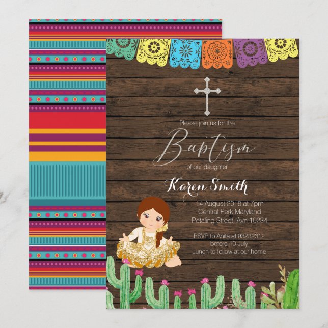 Fiesta Girl Baptism Christening Invitation card (Front/Back)