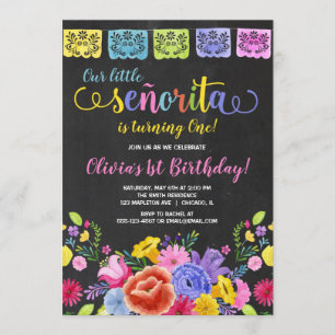 Fiesta girl birthday floral watercolors invitation