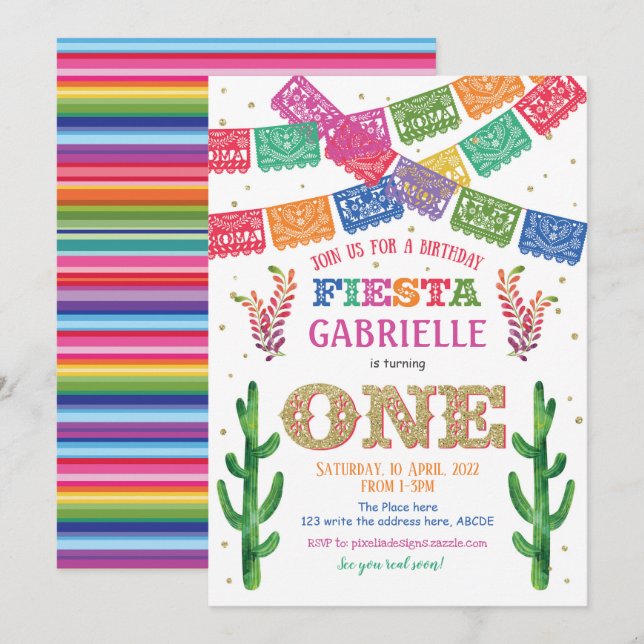 Fiesta, Girl, Mexican, Cactus, Uno, 1st Birthday Invitation (Front/Back)