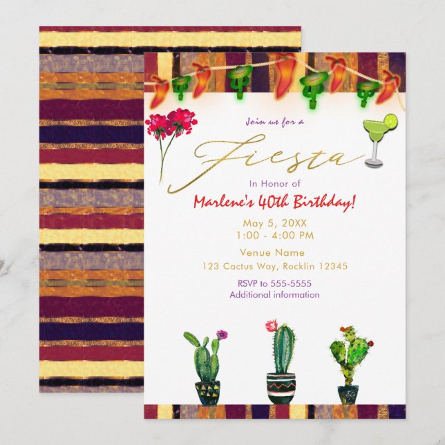 FIESTA Gold Southwest Cactus Birthday Party Invitation (Front/Back)