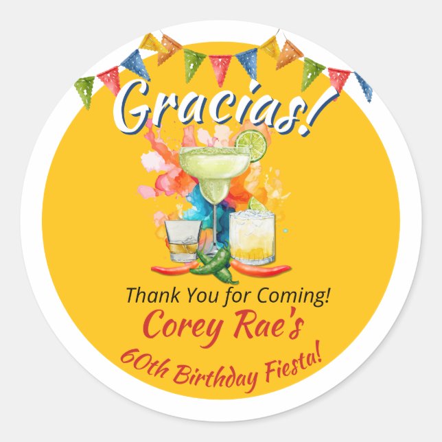 Fiesta "Gracias" 60th Birthday Thank You Custom  Classic Round Sticker (Front)