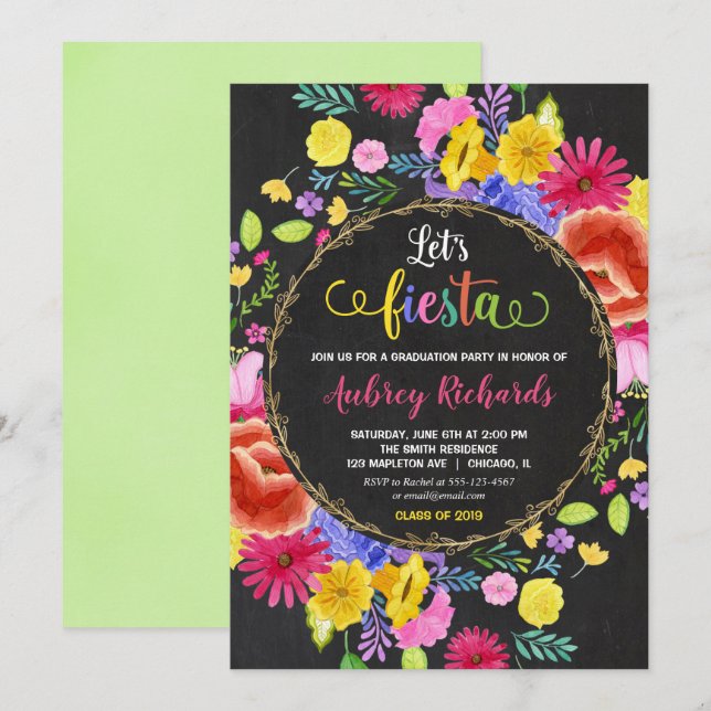 Fiesta graduation party floral watercolors invitation (Front/Back)