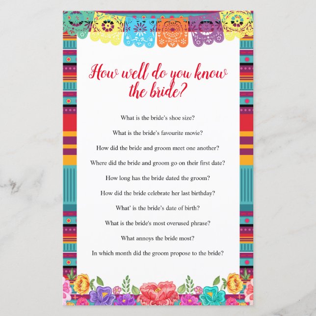 Fiesta How well do you know The Bride Game card (Front)