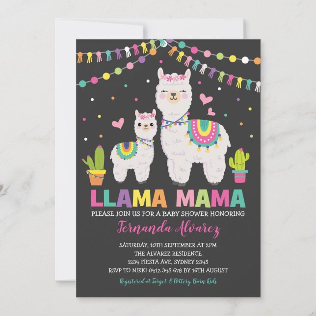 Fiesta Llama Girl Baby Shower / Cactus Alpaca Invitation (Front)