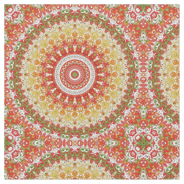 Fiesta Mandala Pattern in Red, Yellow, and Green Fabric (Close Up)