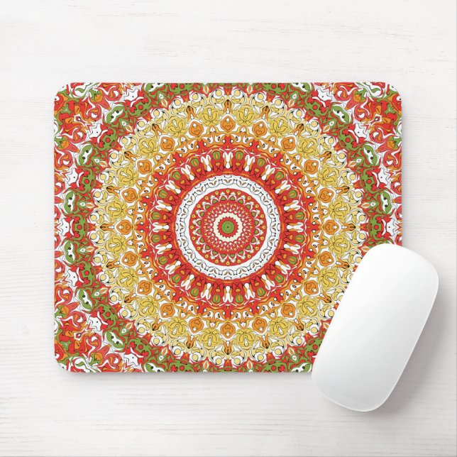 Fiesta Mandala Pattern in Red, Yellow, and Green Mouse Mat (With Mouse)