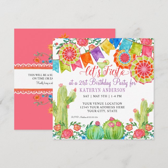 Fiesta Margarita Cactus 21st Birthday Surprise Invitation (Front/Back)