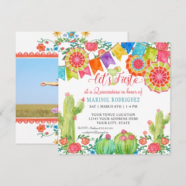 Fiesta Margarita Cactus Quinceanera Paper Fan Invitation (Front/Back)