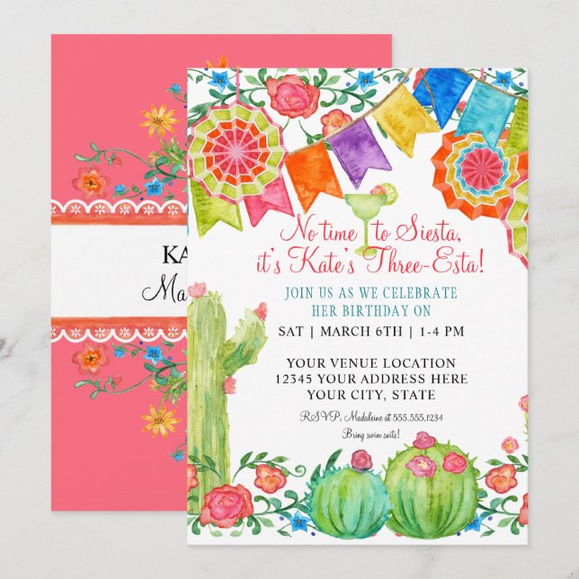 Fiesta Margarita Floral Cactus Birthday Party Invitation (Front/Back)