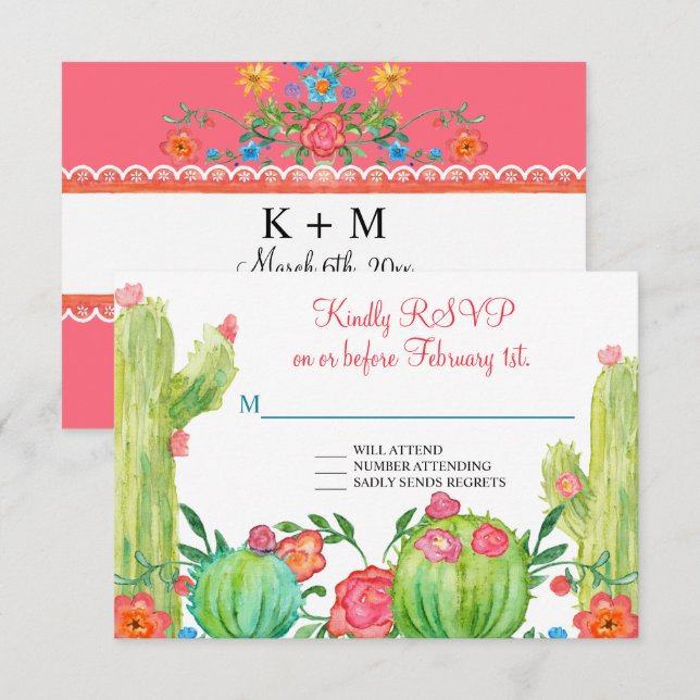 Fiesta Margarita Floral Cactus Wedding RSVP Invitation (Front/Back)