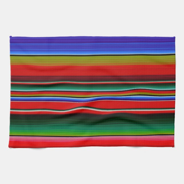 Fiesta Mexican Blanket Serape Stripes Blue Tea Towel (Horizontal)
