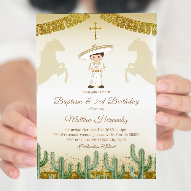 Fiesta Mexican Boy Gold Baptism & Birthday Invite (Creator Uploaded)