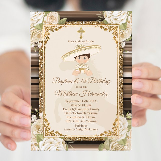 Fiesta Mexican Boy Gold Baptism & Birthday Invite (Creator Uploaded)