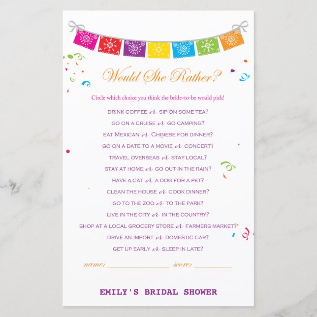 Fiesta Mexican Bridal Shower Game PRINTED (Front)
