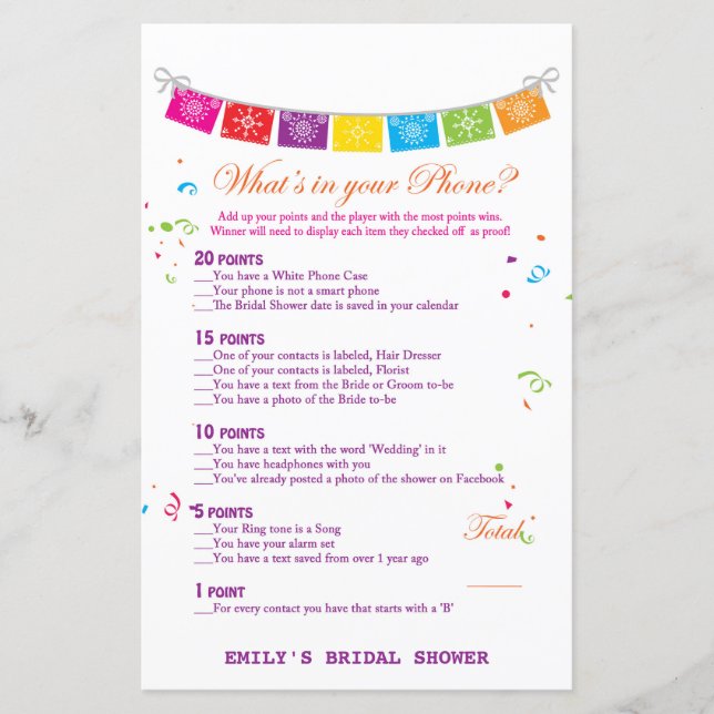 Fiesta Mexican Bridal Shower Game PRINTED (Front)