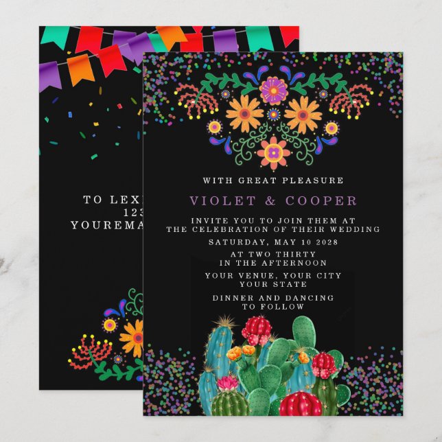 Fiesta Mexican Floral Cactus Wedding Invitation (Front/Back)