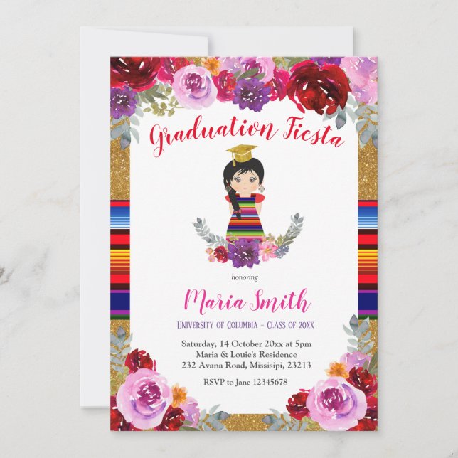 Fiesta Mexican Floral Girl Graduation Invitation (Front)