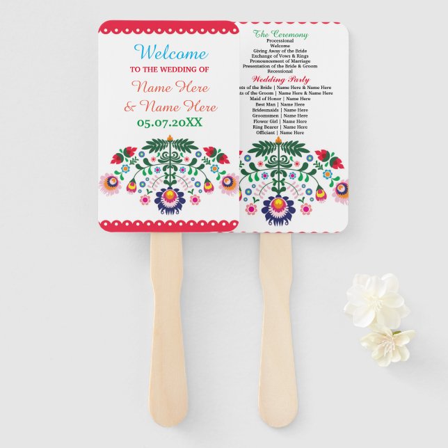 Fiesta Mexican Floral Wedding Programme Hand Fan (Front and Back)
