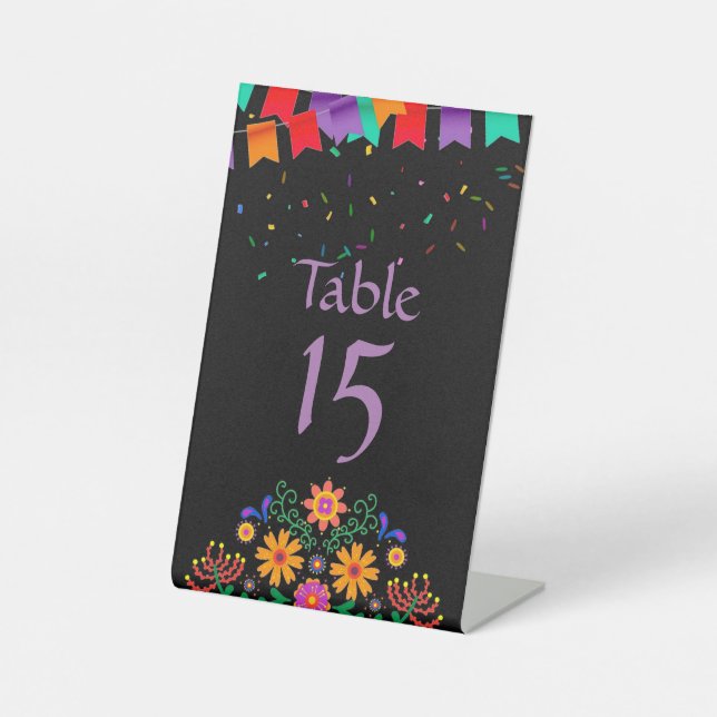 Fiesta Mexican Floral Wedding Table Numbers Pedestal Sign (Front)