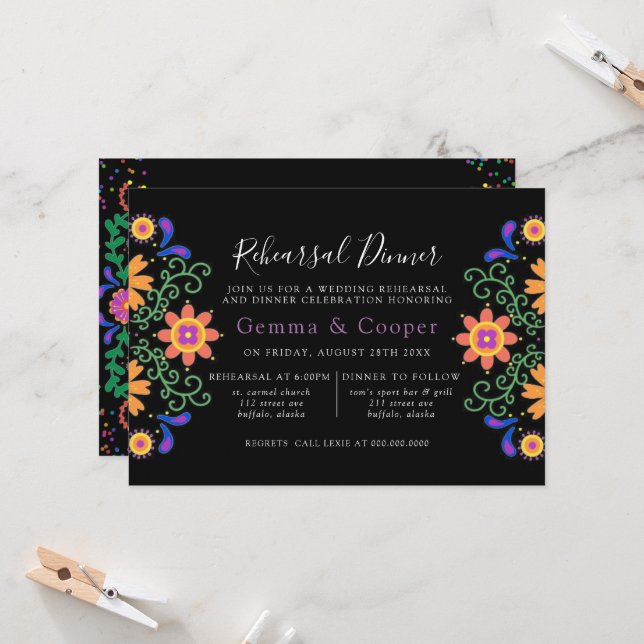 Fiesta Mexican Florals Rehearsal Dinner Invitation (Front/Back In Situ)