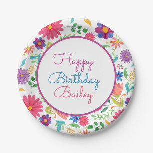 Fiesta Mexican Folk Watercolor Floral Birthday Pap Paper Plate