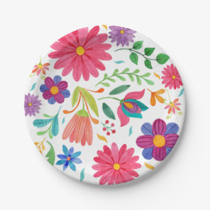 Fiesta Mexican Folk Watercolor Floral Birthday Paper Plate