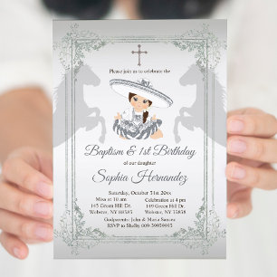 Fiesta Mexican Girl Silver Baptism & Birthday Invitation