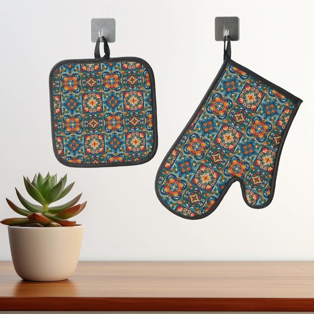 Fiesta Mexican Talavera Tile Ceramic  Oven Mitt & Pot Holder Set (Creator Uploaded)