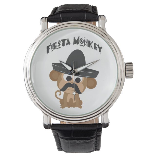 Fiesta Monkey with a Mustach and Mexican Sombrero Watch (Front)