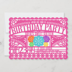 Fiesta Papel Picado Flag FUCHSIA Sweet 16 Birthday Invitation