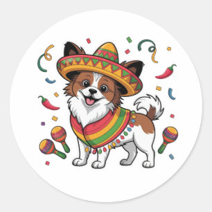 Fiesta Papillon Dog Wearing Sombrero and Sarape Classic Round Sticker