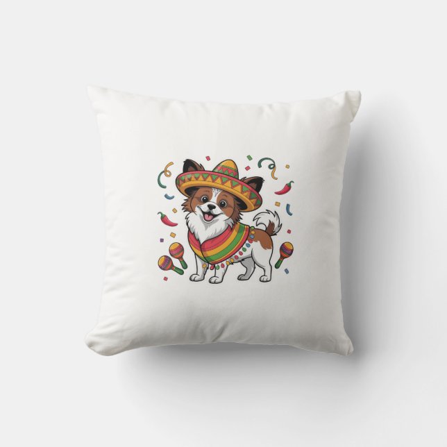 Fiesta Papillon Dog Wearing Sombrero and Sarape Cushion (Front)