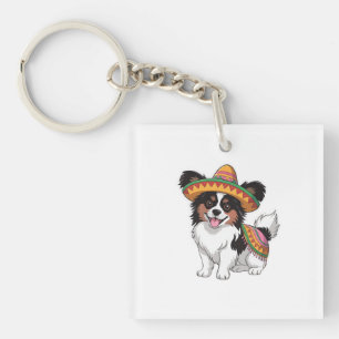 Fiesta Papillon Dog Wearing Sombrero and Sarape Key Ring