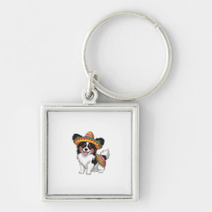 Fiesta Papillon Dog Wearing Sombrero and Sarape Key Ring