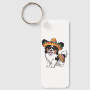 Fiesta Papillon Dog Wearing Sombrero and Sarape Key Ring
