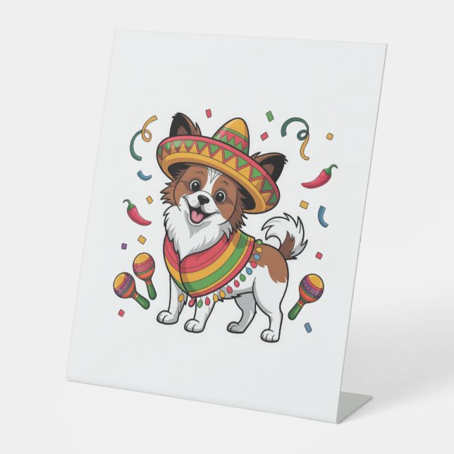 Fiesta Papillon Dog Wearing Sombrero and Sarape Pedestal Sign (Front)