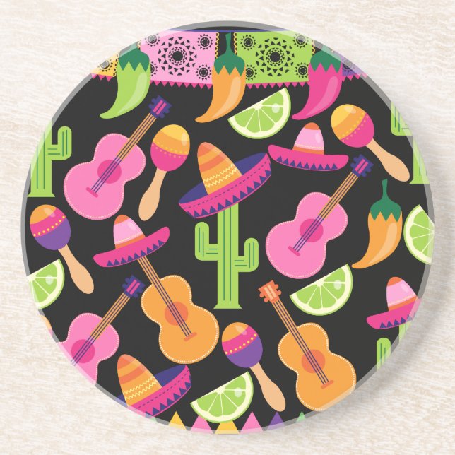 Fiesta Party Sombrero Cactus Limes Peppers Maracas Coaster (Front)