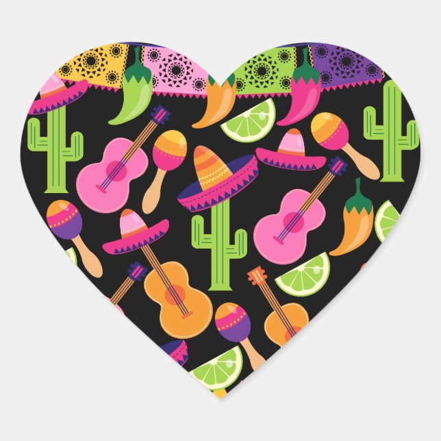 Fiesta Party Sombrero Cactus Limes Peppers Maracas Heart Sticker (Front)