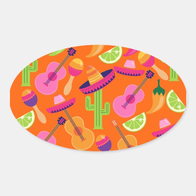 Fiesta Party Sombrero Cactus Limes Peppers Maracas Oval Sticker (Front)