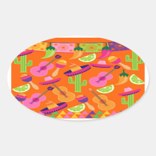 Fiesta Party Sombrero Cactus Limes Peppers Maracas Oval Sticker
