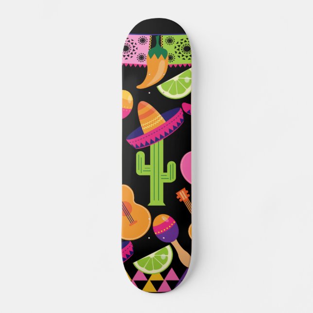 Fiesta Party Sombrero Cactus Limes Peppers Maracas Skateboard (Front)